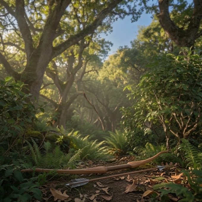 In a tranquil forest clearing, a bow and arrows lie on the path, hinting at readiness for a new venture. The post accompanying the image suggests the user is planning to "cook something on @Noxa_Fi," inspired by liquidity flowing into @RobinhoodApp.