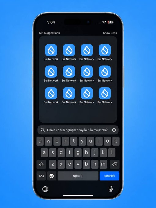 A smartphone screen showing Siri Suggestions with twelve 'Sui Network' app icons and a Vietnamese keyboard at the bottom.
