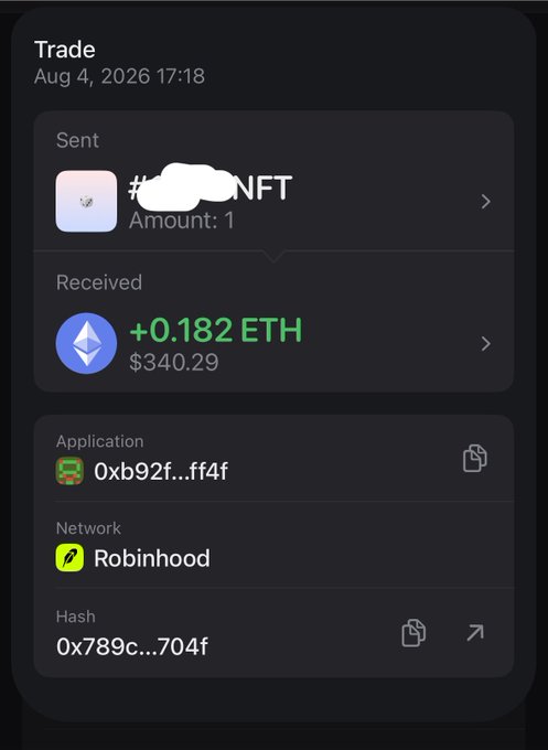 A crypto wallet transaction screenshot dated Aug 4, 2026 shows a trade where 1 NFT (partially redacted) was sent in exchange for +0.182 ETH (valued at $340.29), processed via the Robinhood network with transaction hash 0x789c...704f. The image appears to document a profitable NFT sale on Robinhood's platform, supporting the post's gratitude toward @hoodrat_coin, possibly the NFT project's creator.