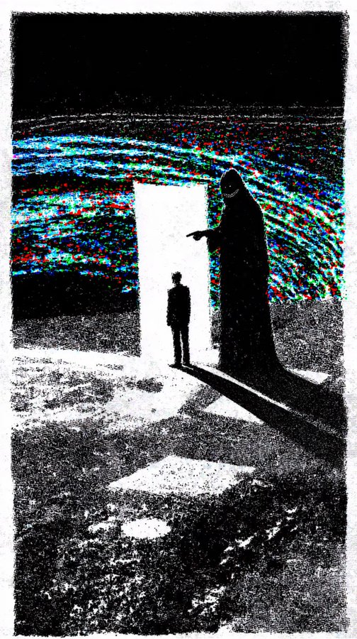 Black and white glitch-art illustration of a hooded Grim Reaper-like figure pointing toward a glowing doorway while a small child stands at the threshold.
