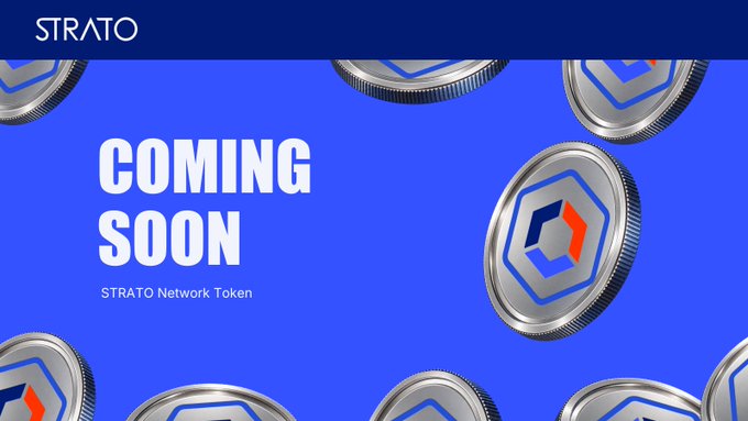 Promotional graphic on a blue background announcing "COMING SOON" for the "STRATO Network Token," with the STRATO logo at the top and metallic coin graphics scattered throughout.