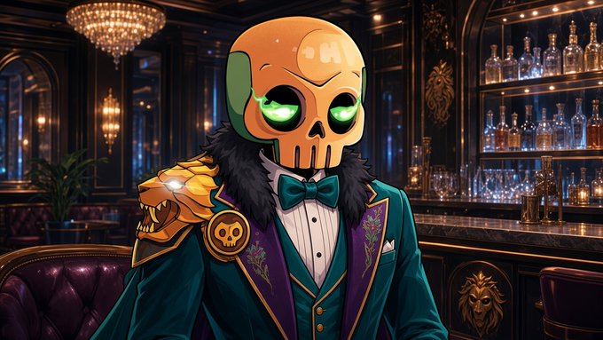 A digital illustration of a character wearing an orange skull mask with green glowing eyes, a teal suit with purple vest, and a teal bow tie, standing in an ornate bar setting with chandeliers and liquor bottles.