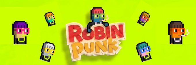 A promotional banner for 'Robin Punk' featuring pixel art characters with colorful hair and sunglasses arranged around the stylized logo on a bright yellow-green background.