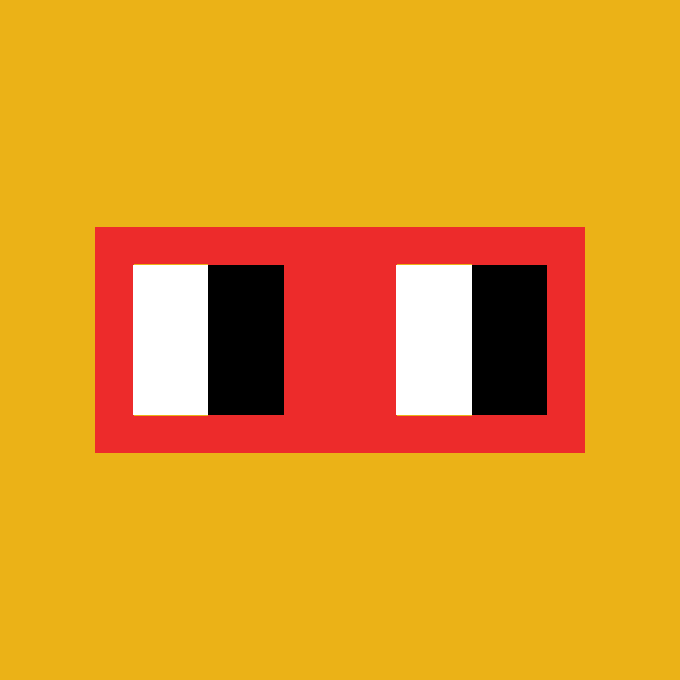 A minimalist graphic design featuring a yellow background with a red rectangle in the center containing two sets of white and black squares, resembling a stylized robot or character face.