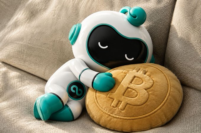 A cute white and teal astronaut-shaped pillow robot hugs a golden Bitcoin "₿" coin pillow on a beige sofa, illustrating the "hugging your BTC" sentiment of keeping Bitcoin close.