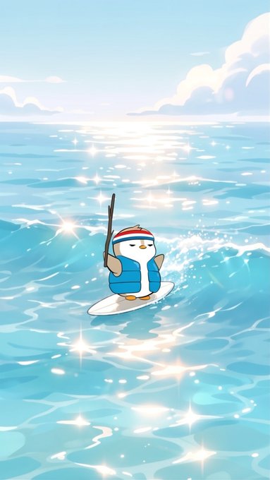 A cute cartoon penguin wearing a blue vest and red headband surfs on a sparkling ocean wave, perfectly capturing the cheerful "pengu morning is the best morning" vibe with its sunny, adventurous spirit.