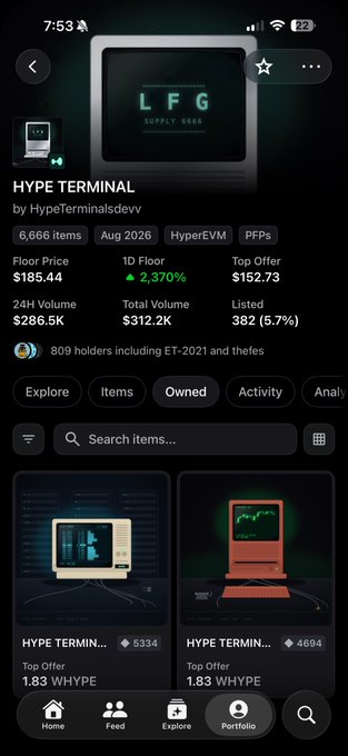 A mobile screenshot of the HyperEVM collection "HYPE TERMINAL" by HypeTerminalsdevv, showing a floor price of $185.44 with a 24H volume of $286.5K across 6,666 items. The post "10 hype when" appears to reference the collection's strong trading metrics, with notable holders including ET-2021 and top offers around 1.83 WHYPE.