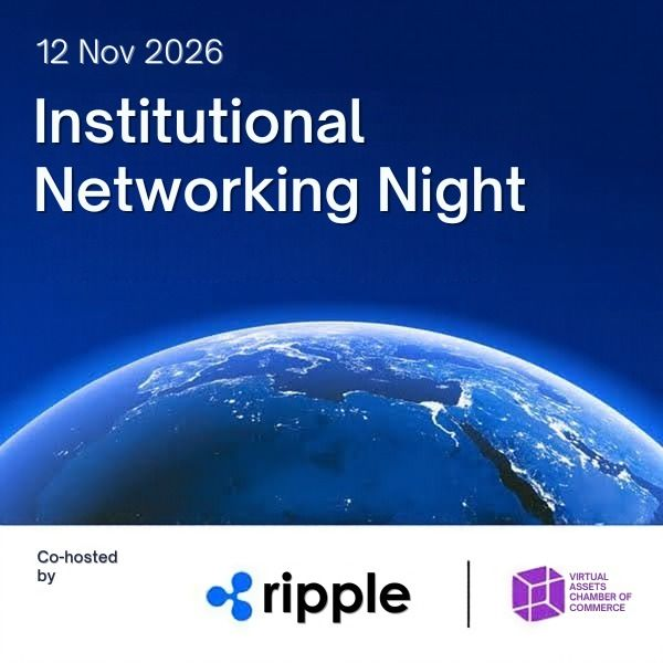 Promotional graphic for the "Institutional Networking Night" on 12 Nov 2026, co-hosted by Ripple and the Virtual Assets Chamber of Commerce, featuring an image of Earth viewed from space with Africa's coastline visible.