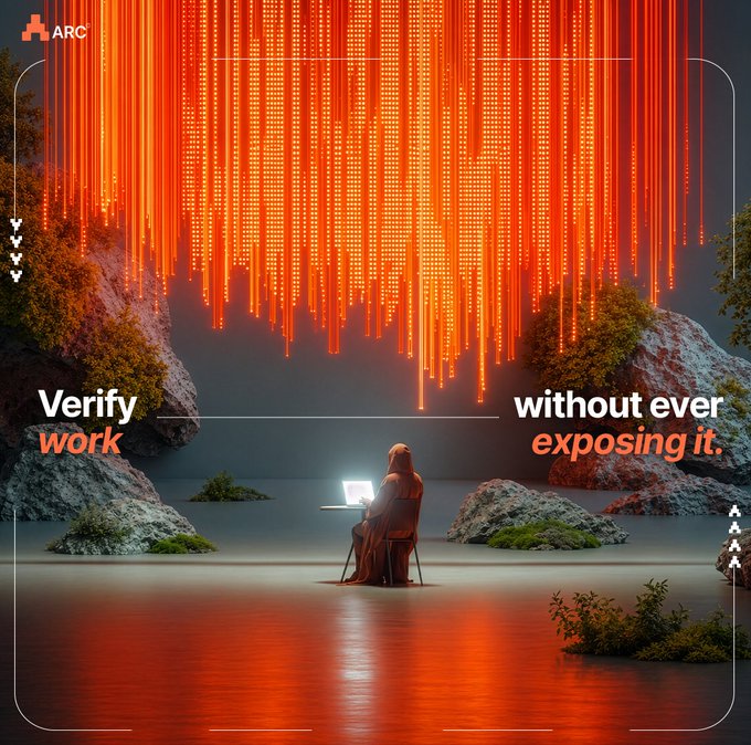 A futuristic digital art poster with the ARC logo featuring a cloaked figure at a laptop beneath cascading orange code-like streams, with text reading 'Verify work without ever exposing it.'