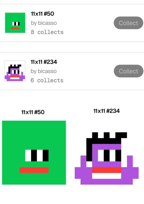 A mobile app interface showing collectible pixel art NFTs '11x11 #50' and '11x11 #234' by bicasso with green and purple designs.