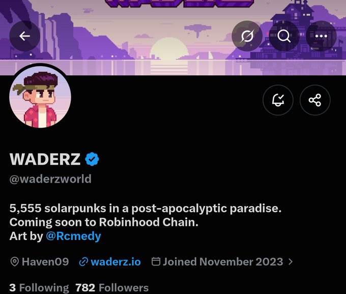 The image displays a Twitter/X profile page for "WADERZ" (@waderzworld), featuring a pixel art avatar of a character with a headband, 782 followers, joined November 2023, and a bio describing "5,555 solarpunks in a post-apocalyptic paradise. Coming soon to Robinhood Chain" with art by @Rcmedy, set against a purple sunset pixel art banner.