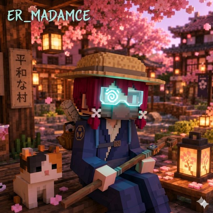 A woman dressed in blue stands next to a cat holding an object with a wooden handle, possibly a walking stick or fishing rod. They are both sitting under a tree. The background of this scene includes Chinese text along with a picture of a building on a street lined with cherry blossom trees and lanterns. There is also another person partially visible in the image. The post mentions that it's related to Bitcoin, emphasizing its function as a post-quantum security layer for Bitcoin.