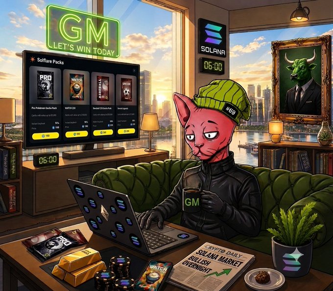 An anthropomorphic pink cat wearing a green "GM" beanie sits at a laptop in a luxurious high-rise apartment, sipping coffee from a "GM" mug while a neon "GM LET'S WIN TODAY" sign glows above a screen displaying "Solflare Packs" and a digital clock reading "06:00." The Solana ticker and a framed bull portrait adorn the room alongside a newspaper headline reading "SOLANA MARKET BULLISH OVERNIGHT," matching the post's optimistic "GM, pack hunters" greeting as the cat prepares to open the day's Solflare packs.
