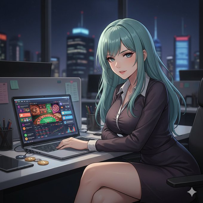 The image features a woman sitting at a desk using a laptop computer while wearing a black dress. The scene takes place in an office setting with a city skyline visible through a window behind her, suggesting that she might be working for a company located in or near the city. The image also includes a reference to Bitcoin and FIH (Focus on what is in the image and how it relates to the post).