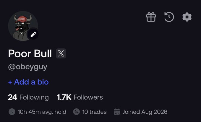 A profile screenshot shows "Poor Bull" (@obeyguy) on a trading platform with 1.7K followers, 24 following, an average hold time of 10h 45m, 10 trades, and a join date of Aug 2026. The "Must be following me on fomo" caption suggests the post is teasing that newcomers are chasing recent gains.