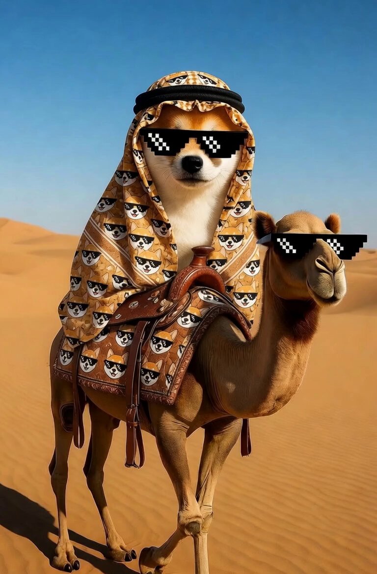 𝐀𝑡𝗲𝘁𝗵𝗲 𝟭: A dog wearing a yellow and orange outfit with sunglasses sitting on top of a camel.