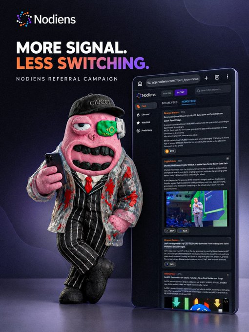 A promotional graphic for 'Nodiens Referral Campaign' with the tagline 'MORE SIGNAL. LESS SWITCHING,' featuring a quirky figurine next to a phone displaying the Nodiens newsfeed.