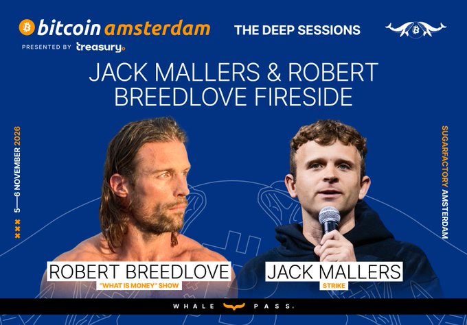 A promotional graphic for 'Bitcoin Amsterdam' featuring a 'Jack Mallers & Robert Breedlove Fireside' event, scheduled for 5-6 November 2026, presented by treasury.