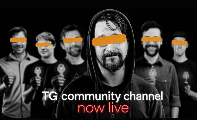 A black and white promotional image for a 'TG community channel now live' shows a hooded man in the foreground with other men in the background, all with orange bars censoring their eyes.