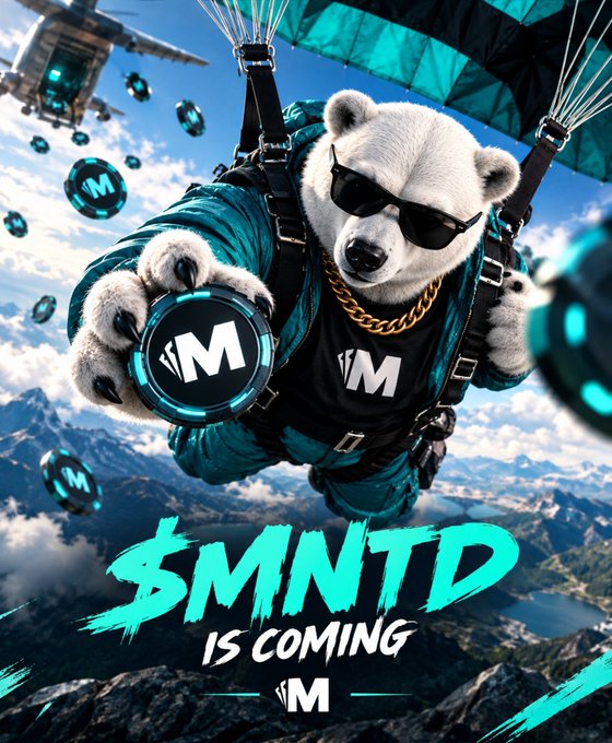 Promotional graphic featuring a polar bear wearing sunglasses, a gold chain, and a parachute harness, holding a coin marked with "M". The text "$MNTD IS COMING" is displayed prominently.