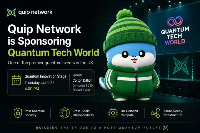 The image features a cartoon character dressed in a green jacket, hat, and scarf standing next to a stage with a large screen displaying "Quantum Tech World" written on it. The scene also includes text that reads "quip network is sponsoring Quantum tech world". The cartoon character appears to be promoting or attending an event related to quantum computing technology.