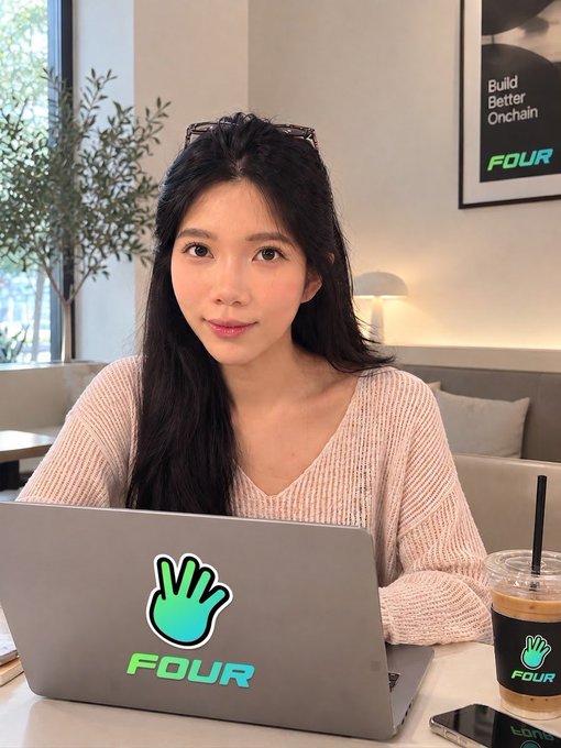 A young woman sits at a desk with a laptop and iced coffee, both displaying the "FOUR" logo, while a framed poster behind her reads "Build Better Onchain FOUR." The image aligns with her introduction as the 25-year-old Head of BD at Four.meme, projecting a professional yet approachable image fitting her role in connecting with developers and partners.