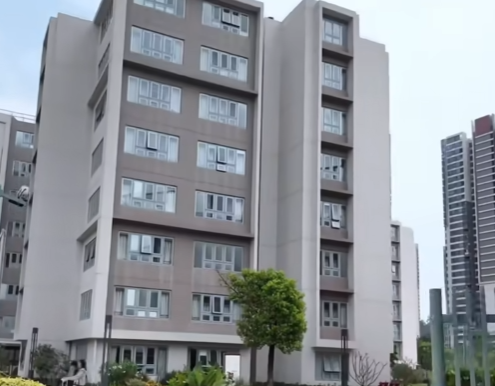 A view of a modern multi-story apartment or condominium building with gray and white exterior, balconies, and large windows, with a small tree in front and another high-rise building visible to the right.