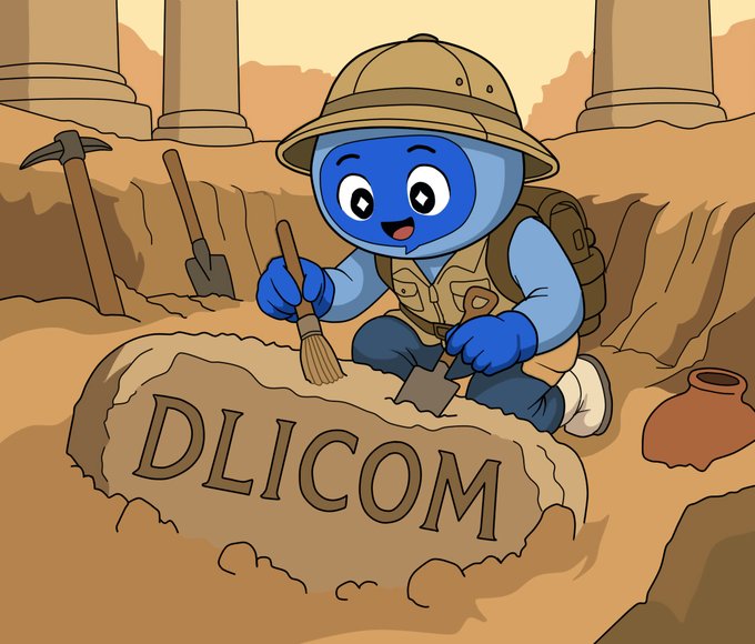 A cartoon illustration of a blue character dressed as an archaeologist brushing dirt off a stone that reads 'DLICOM' in an excavation site.