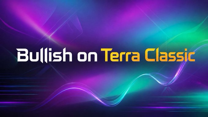 A colorful neon banner with the text "Bullish on Terra Classic" set against a vibrant purple and teal background with glowing light wave effects.