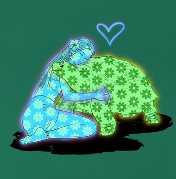 A stylized digital illustration shows a glowing blue kneeling figure embracing a green turtle decorated with floral patterns, with a blue heart floating above them against a teal background. The tender scene captures the affectionate bond described in the post celebrating a turtle and zebra ("Turtle and Zebrahere") while promoting the 30 XTZ token.