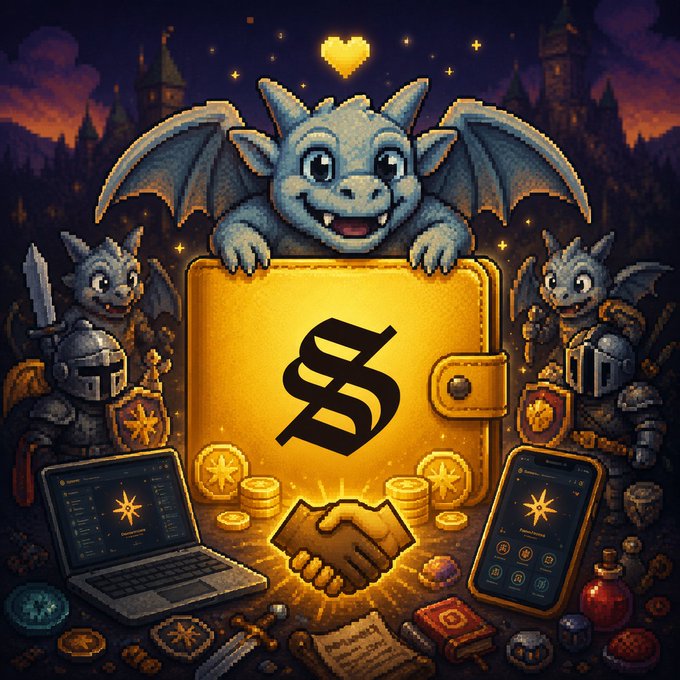 A pixel art image features a friendly blue dragon perched atop a glowing golden wallet displaying a bold "S" logo, flanked by armored knight gargoyles, with a glowing handshake, coins, and a laptop and phone showing crypto interfaces below, symbolizing a trusted partnership between the Solflare wallet and the World project.