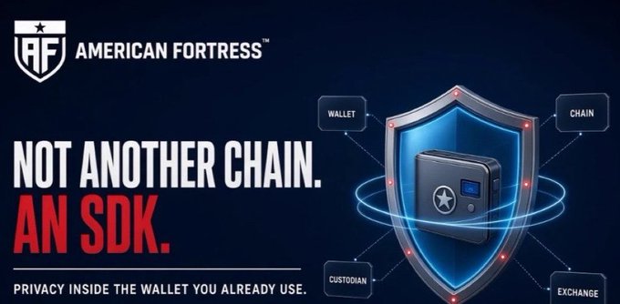 An advertisement for 'American Fortress' displaying the tagline 'NOT ANOTHER CHAIN. AN SDK.' alongside a shield graphic labeled with Wallet, Chain, Custodian, and Exchange.