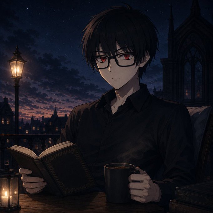 An anime-style portrait of a young man with black hair, red eyes, and glasses, wearing a black shirt while reading an open book and holding a steaming mug, set against a twilight cityscape with a gothic cathedral and glowing streetlamp.