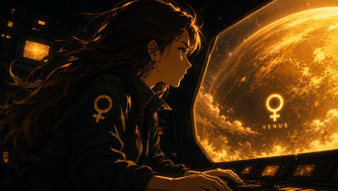 A woman gazes contemplatively out a spacecraft window at the glowing planet Venus, whose image is overlaid with the Venus symbol (♀) and the word "VENUS." The warm golden light illuminating her face mirrors the "GM" (Good Morning) sentiment of the post, evoking a moment of quiet faith as a new day begins amid the cosmic backdrop.
