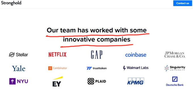 A Stronghold webpage header displays the tagline "Our team has worked with some innovative companies" above a grid of recognizable client logos including Stellar, Netflix, GAP, Coinbase, JPMorgan Chase & Co., Yale, Y Combinator, TrustToken, Walmart Labs, Singularity University, NYU, EY, Plaid, KPMG, and Deutsche Bank. The image showcases Stronghold's ($SHX) established business relationships with major corporations, financial institutions, and universities to promote credibility.