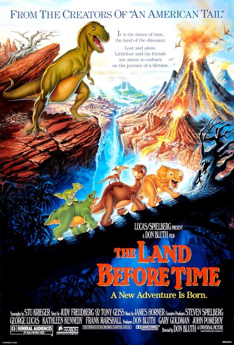 The theatrical movie poster for 'The Land Before Time,' featuring animated dinosaurs and the tagline 'A New Adventure Is Born,' created by the team behind 'An American Tail.'