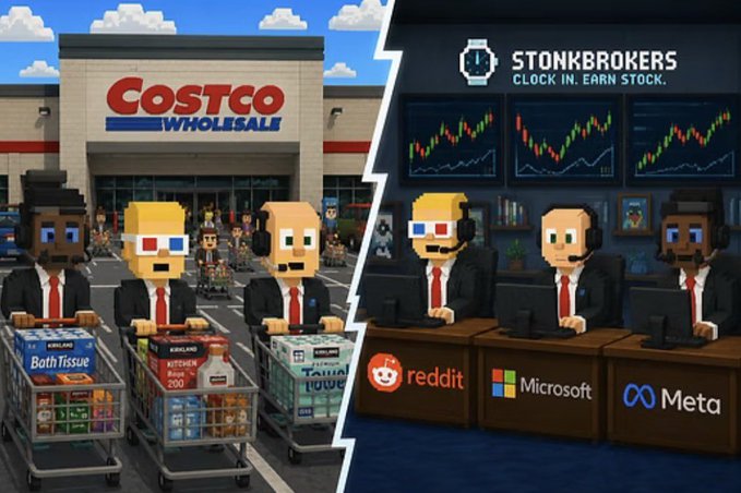 A pixel art style split image comparing 'Costco Wholesale' workers with shopping carts on the left to 'STONKBROKERS - CLOCK IN. EARN STOCK.' traders wearing 3D glasses at desks on the right, with logos for Reddit, Microsoft, and Meta displayed.