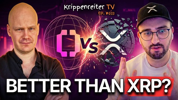 Krippenreiter TV Ep. #033 YouTube thumbnail featuring two hosts with cryptocurrency logos comparing projects, asking 'BETTER THAN XRP?'