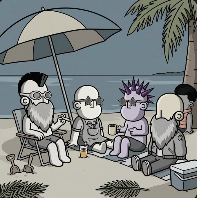 An illustration shows a group of bearded, stylized cartoon characters with sunglasses and spiked hair relaxing on a beach under an umbrella, with a palm tree and small shovels in the sand.
