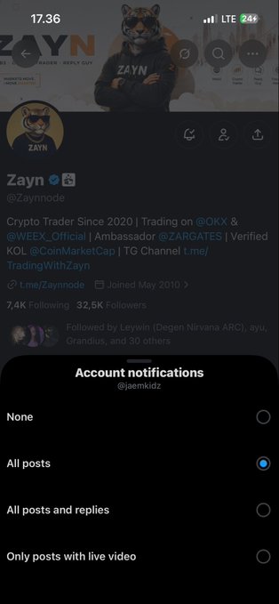 A mobile screenshot shows the Twitter/X profile of Zayn (@Zaynnnode), a crypto trader since 2020 trading on OKX, with a notification settings menu overlay offering options like 'All posts,' 'All posts and replies,' and 'Only posts with live video.'