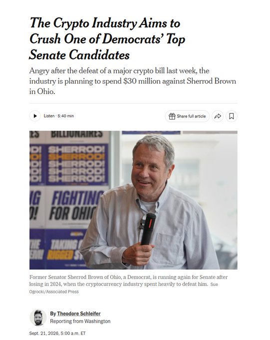 A news article headline reads "The Crypto Industry Aims to Crush One of Democrats' Top Senate Candidates," reporting on $30 million being spent against Sherrod Brown in Ohio, by Theodore Schleifer.