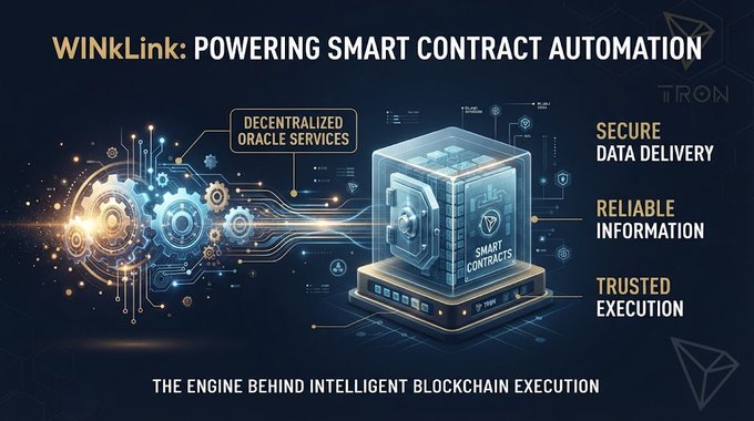 A promotional graphic for 'WINkLink: POWERING SMART CONTRACT AUTOMATION' on the TRON network, highlighting 'DECENTRALIZED ORACLE SERVICES', 'SECURE DATA DELIVERY', 'RELIABLE INFORMATION', and 'TRUSTED EXECUTION'.