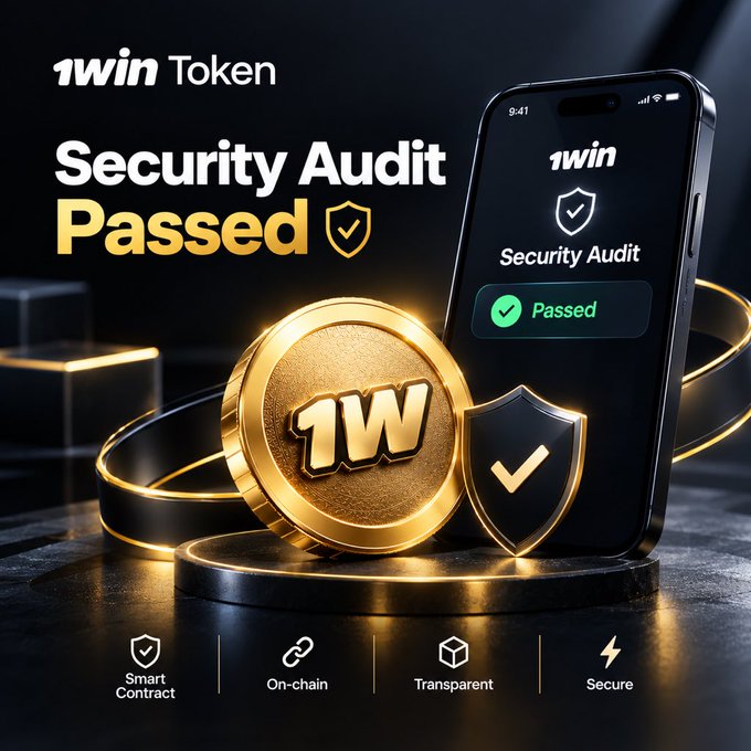 A promotional graphic for '1win Token' announcing 'Security Audit Passed' with a large gold '1W' coin, a shield with a checkmark, and a smartphone displaying the passed audit; features icons for Smart Contract, On-chain, Transparent, and Secure.