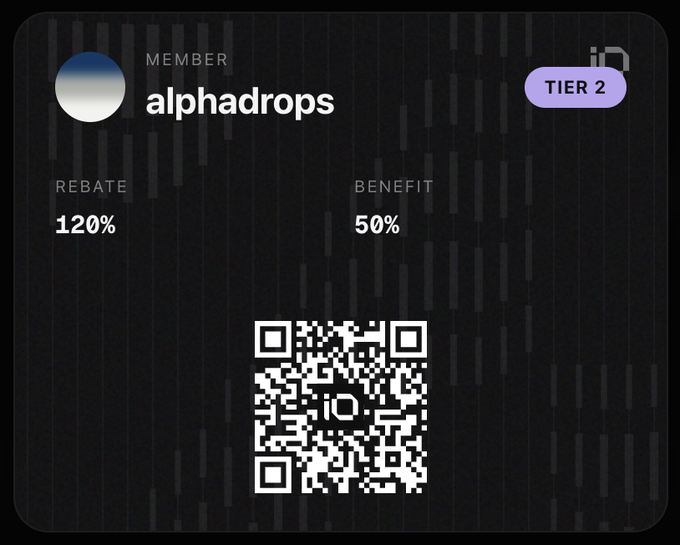 A digital membership card for 'alphadrops' showing Tier 2 status with a 120% rebate and 50% benefit, featuring a QR code on a dark background with candlestick chart patterns.