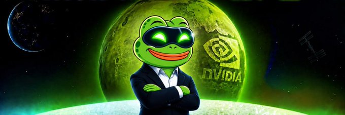 A Pepe the Frog character in a suit with glowing green eyes stands in front of a green moon featuring the Nvidia logo and "NVIDIA" text, with a satellite in the starry background—likely created as a meme banner for the $AP token on Moby.