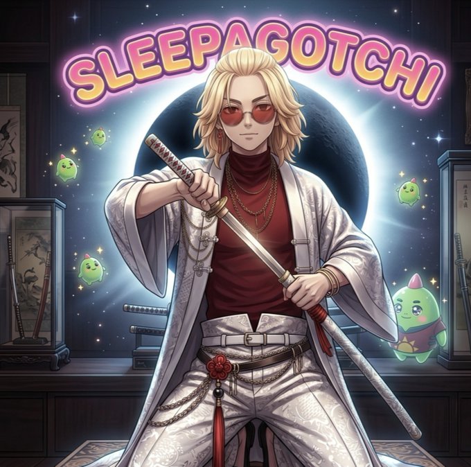 An anime-style illustration features a blonde male character wearing red sunglasses and a white robe over a red shirt, holding a katana sword, with the text 'SLEEPAGOTCHI' glowing in pink and yellow letters above him and small green creature characters floating around.