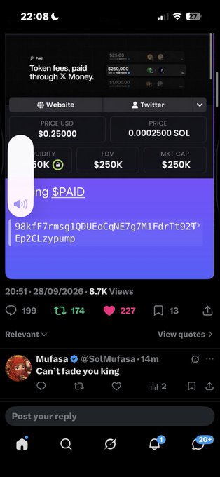 A mobile screenshot of a Twitter/X post displaying a token called $PAID priced at $0.25 USD, showing an FDV and market cap of $250K, posted by Mufasa at @SoLMufasa.