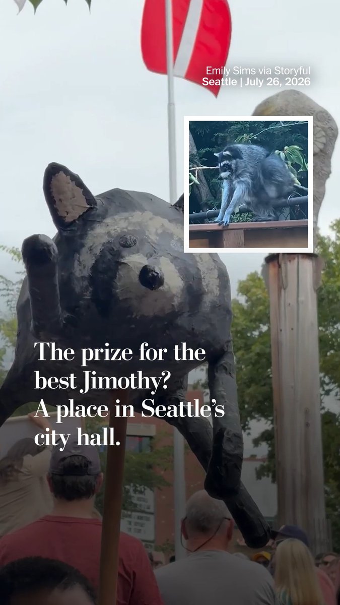 A photo by Emily Sims via Storyful from Seattle dated July 26, 2026, showing a Jimothy puppet/figure in a public space with text reading 'The prize for the best Jimothy? A place in Seattle's city hall,' alongside an inset image of a lemur-like creature.