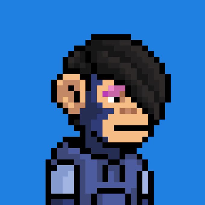 A pixel art character with dark hair, a pink mark on their face, and a blue outfit stands against a blue background.