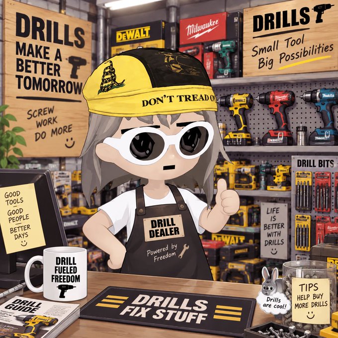 An anime-style girl wearing a "Don't Tread on Me" hat, sunglasses, and a "Drill Dealer" apron stands behind a counter at a hardware store themed around power tools, with signs reading "Drills Make A Better Tomorrow" and "Drill Fix Stuff." Brand logos like DeWalt and Milwaukee are visible on the pegboard behind her, reinforcing the "drill dealer" meme that ties into the "logging onto Solana" reference—suggesting Solana users enthusiastically "drill" into new token launches the moment they log on.
